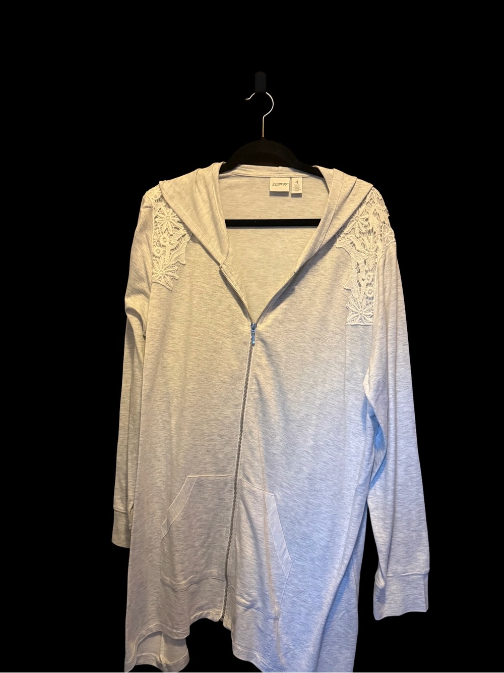 Synergy by Chicos Heather Gray Hooded Zip Cardigan with Lace Shoulder Detail